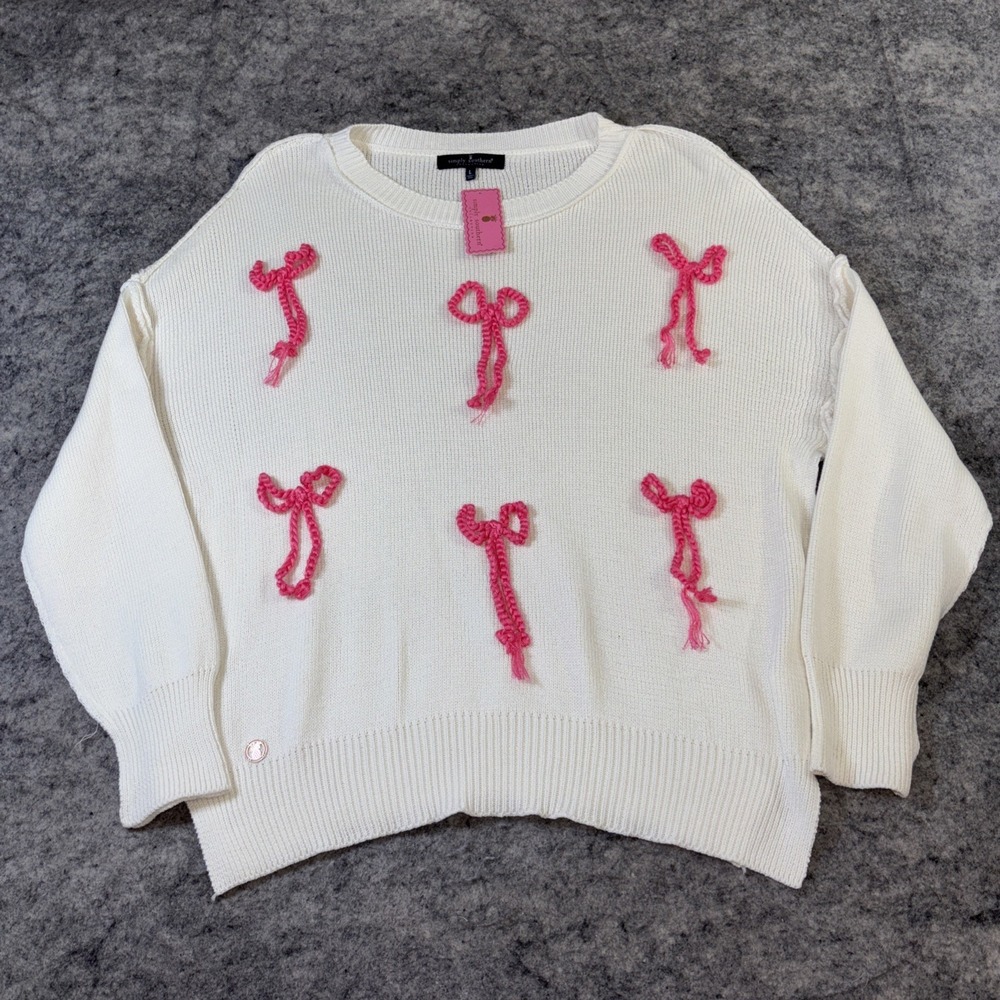 New Simply Southern Knit Sweater Women's Oversized Large White &‎ Pink 3D Bows